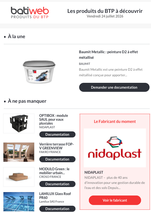 Newsletter Produits du BTP de Batiweb