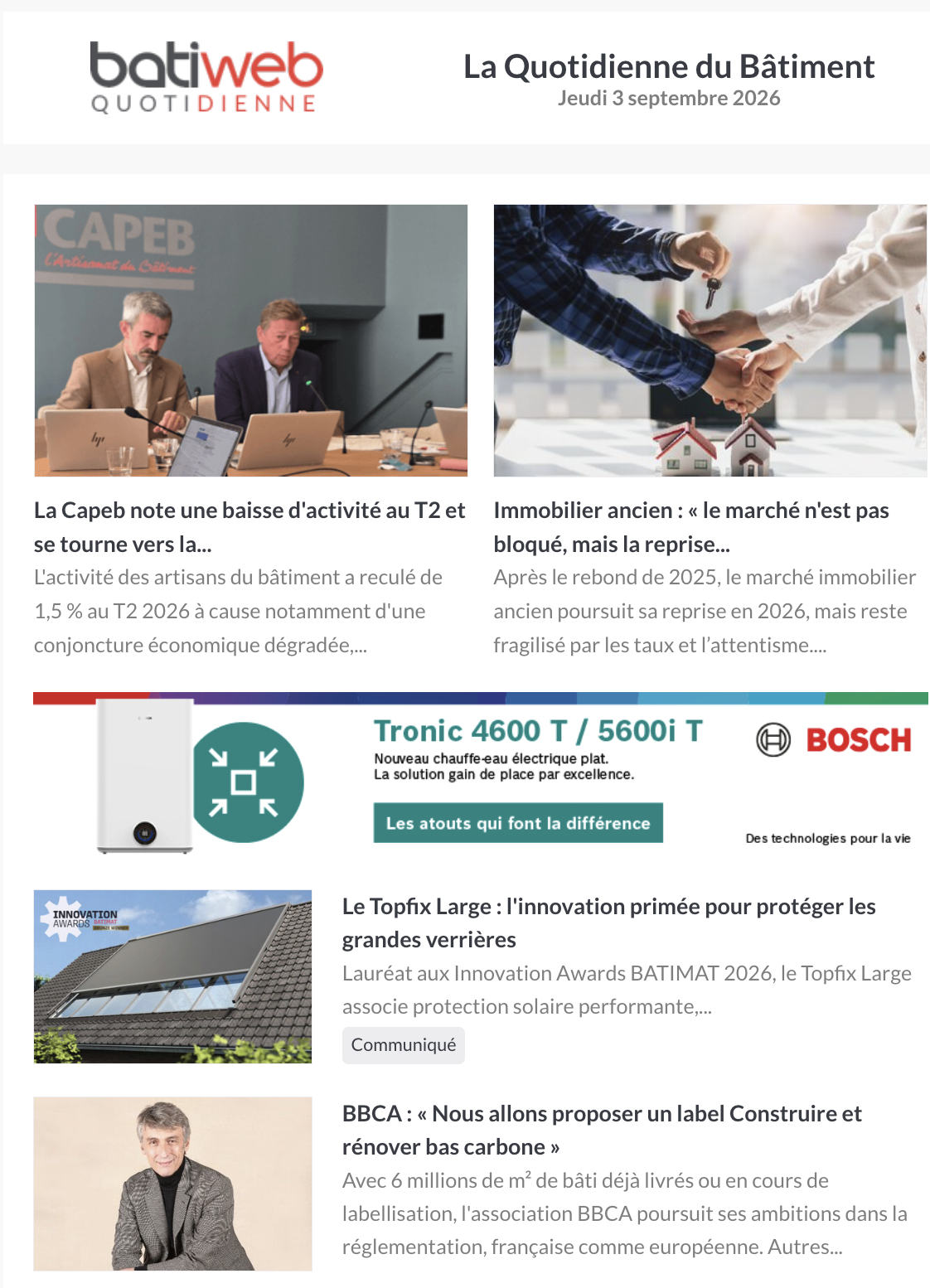 Newsletter La Quotidienne du Bâtiment de Batiweb