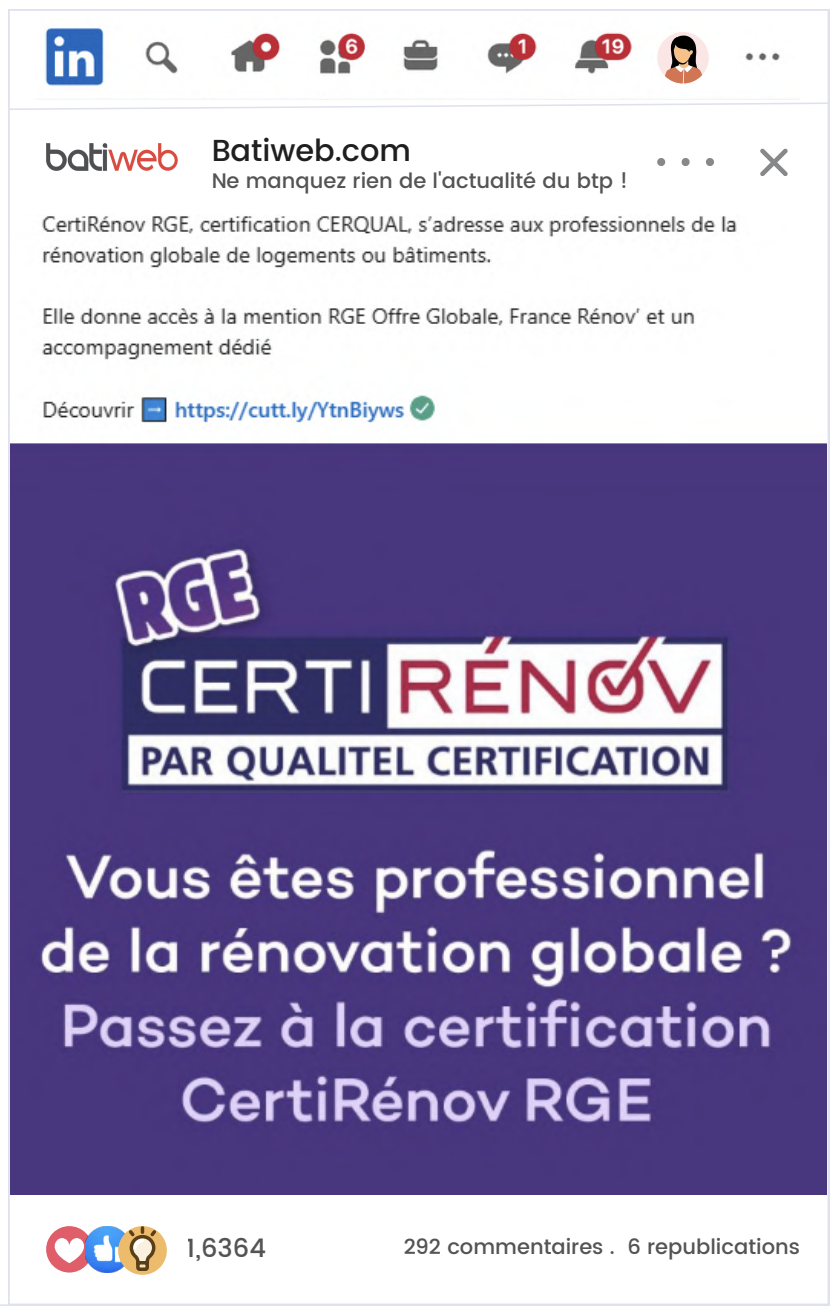 Exemple de publication sponsorisée Batiweb sur LinkedIn